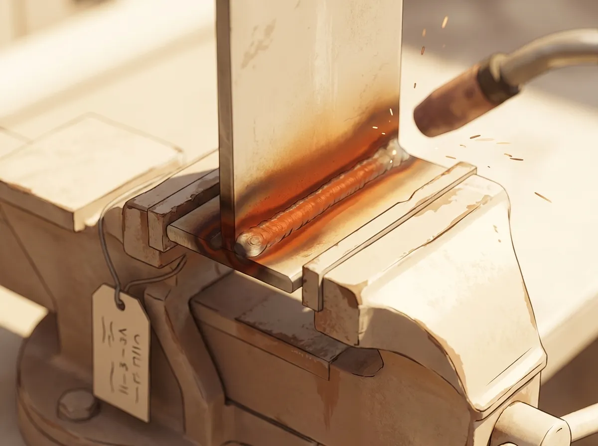 A close, illustrated study of a steel T-joint held in a bench vise, a fresh weld bead running the seam with warm rust-toned heat discoloration, a small hand-lettered job tag hanging in frame.
